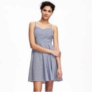 Old Navy Fit Flare Cami Blue White Gingham Smocked Summer Swing Mini Dress (L)